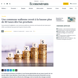 Une commune wallonne revoit à la hausse plus de 80 taxes dès l’an prochain